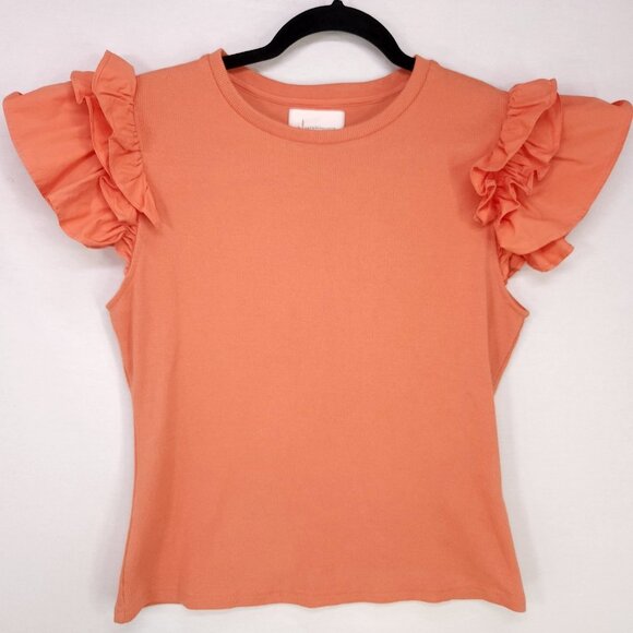 Anthropologie Ribbed Top Size Medium Ruffle Short Cap Sleeve Round Neck Blouse - Picture 2 of 12